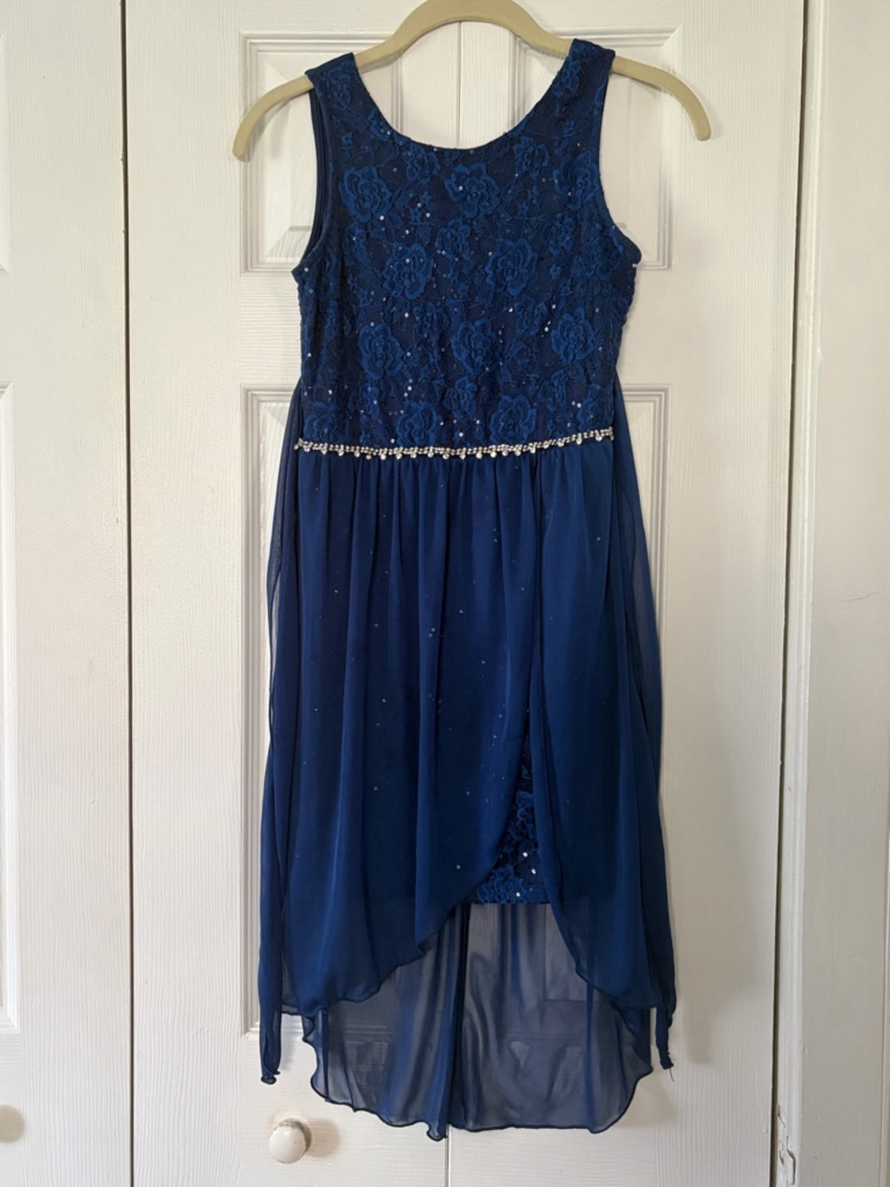 Girls Navy Lace & Chiffon High-Low Dress with Rhinestone Waist